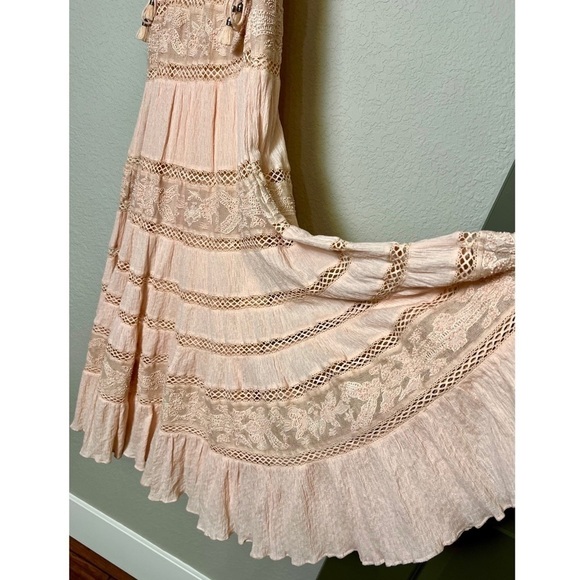 LOVE SAM Tiered Ruffle Beaded Lace Crochet Cinch Waist Sleeveless Maxi Dress S - Picture 6 of 7